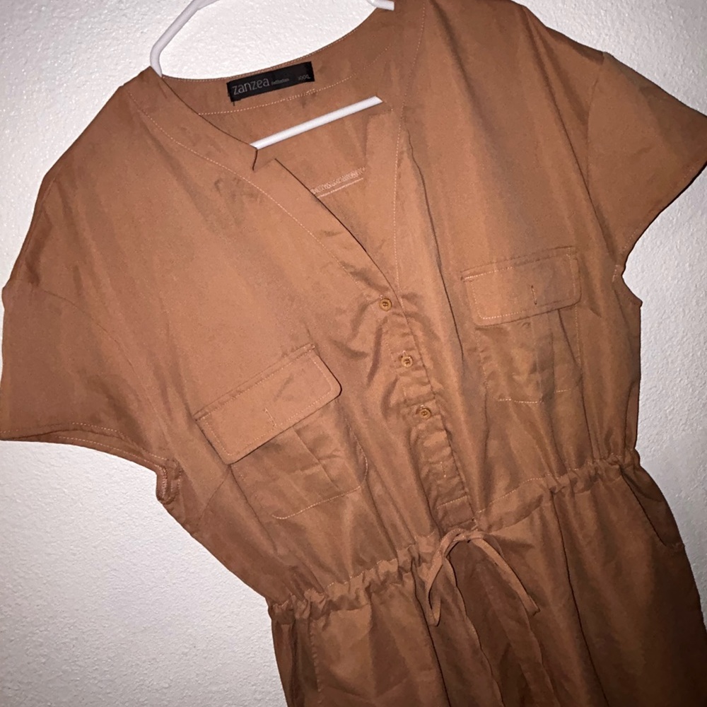 Zanzea Tan short Sleeve Drawstring Midi Shirt Dress